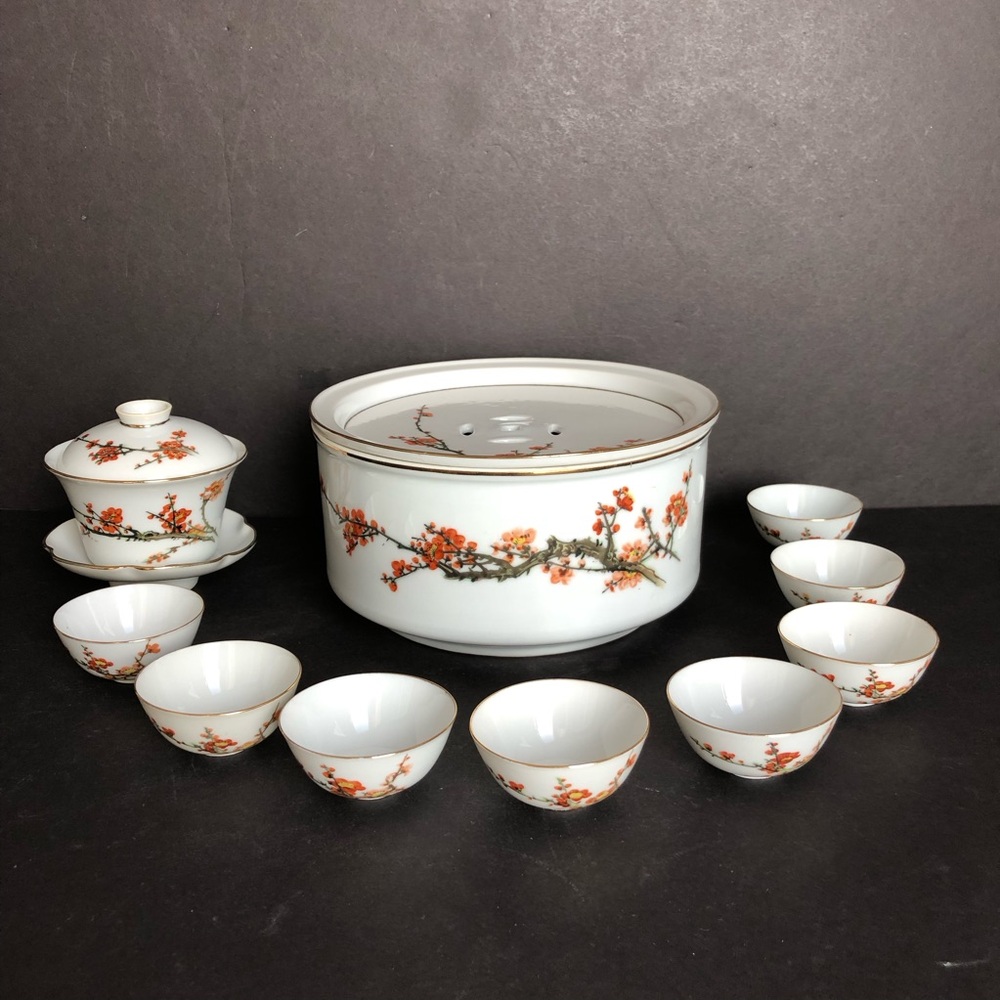 Vintage Gaiwan Tea Set Porcelain w/ Plum Blossom Design Excellent